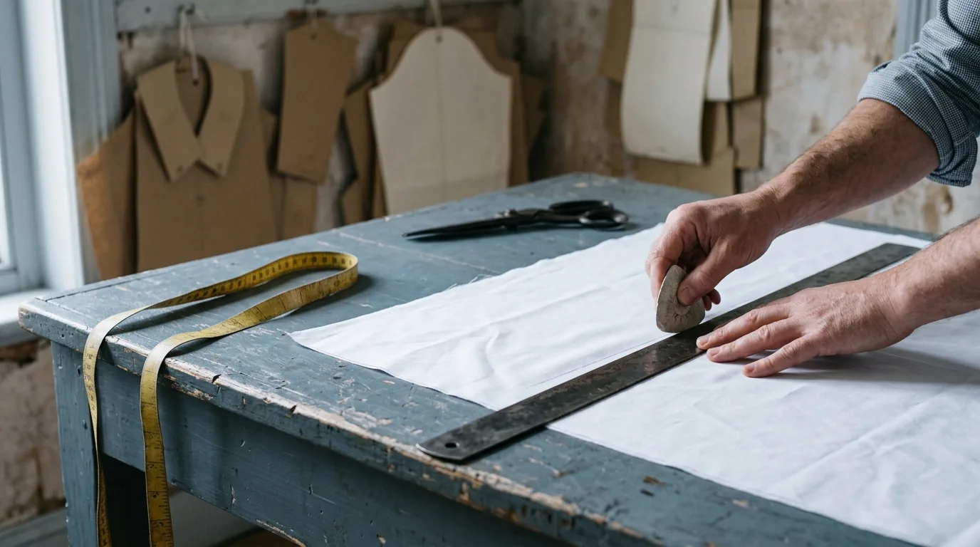 Drawing a chalk line along a ruler on white shirting fabric