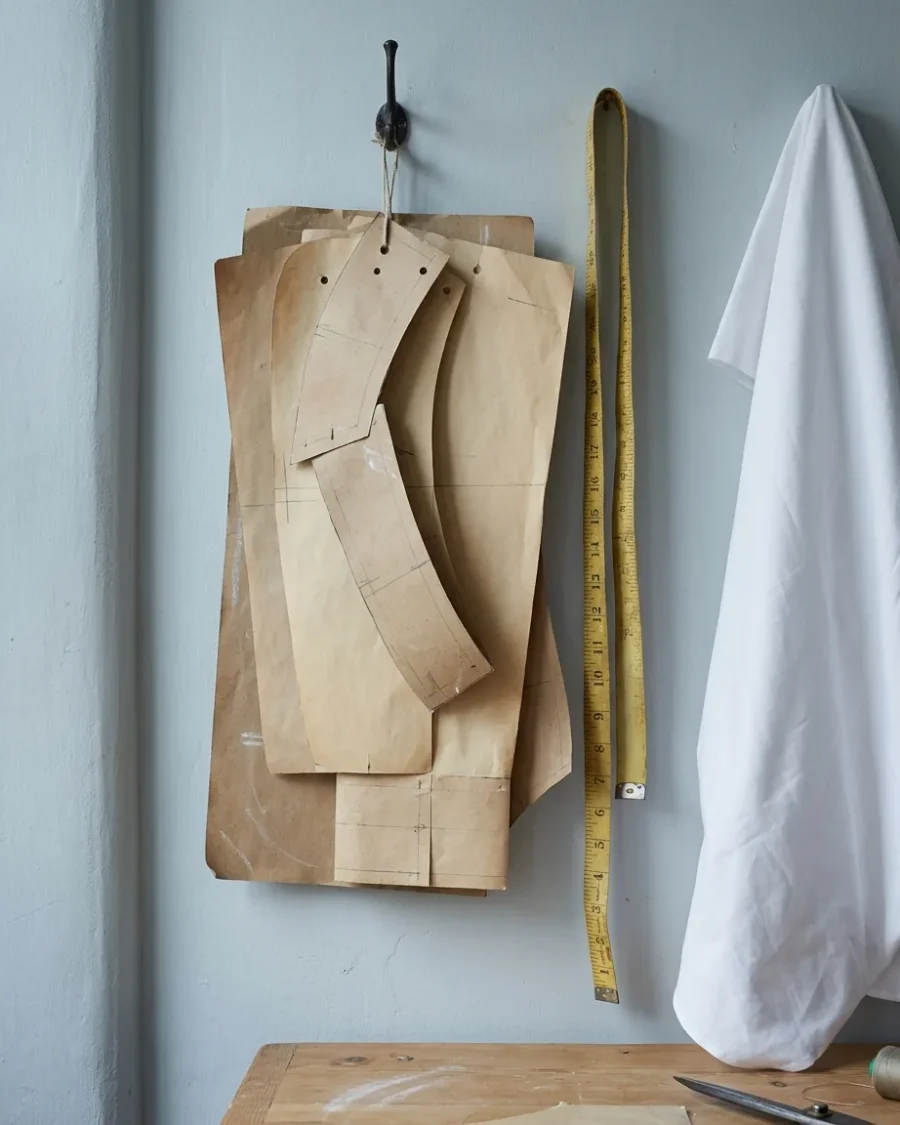 Paper collar and cuff patterns hanging on a wall