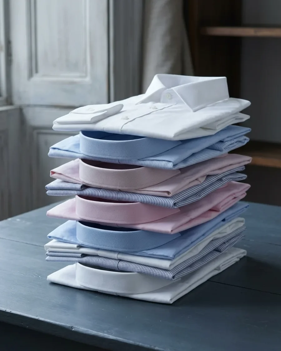 A stack of folded dress shirts in white, blue, pink and stripes