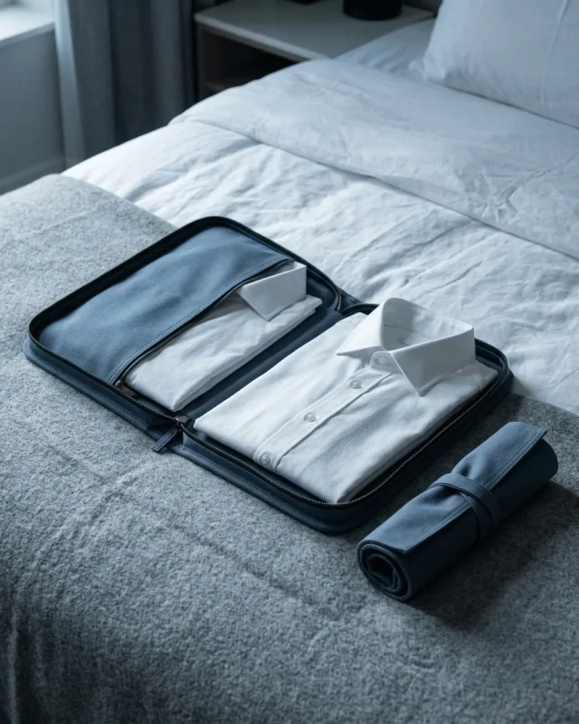 A shirt travel folder with two folded shirts inside