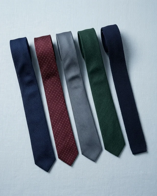 Five ties laid out in parallel lines