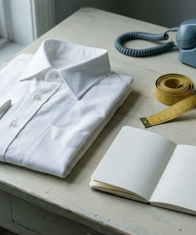 A tidy desk with a folded white shirt, tape measure and notebook