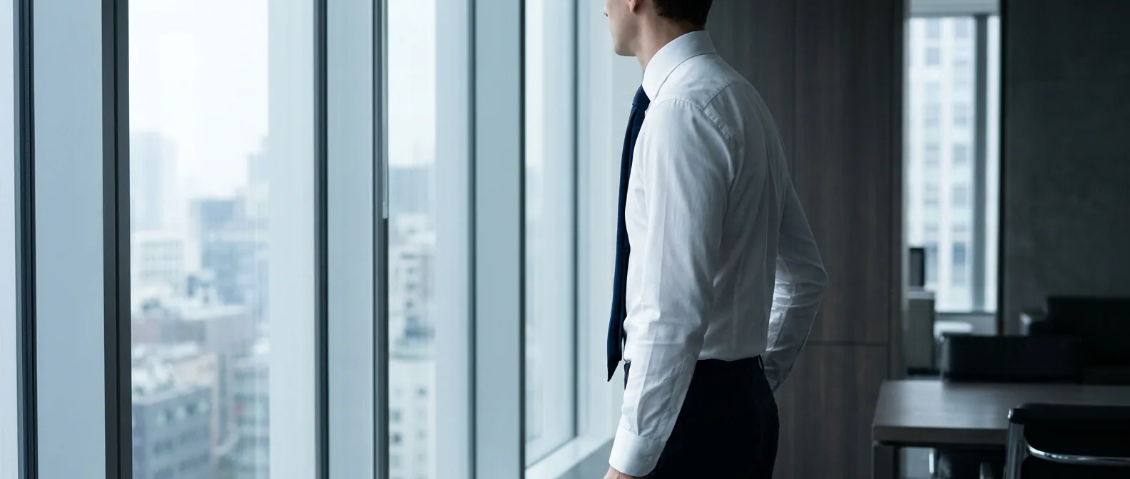 A man in a white shirt and navy tie by an office window