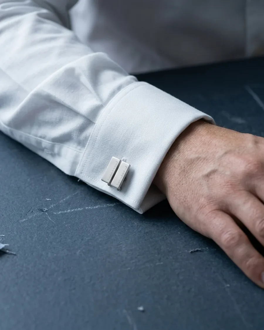 Tick Mark Cufflinks, worn