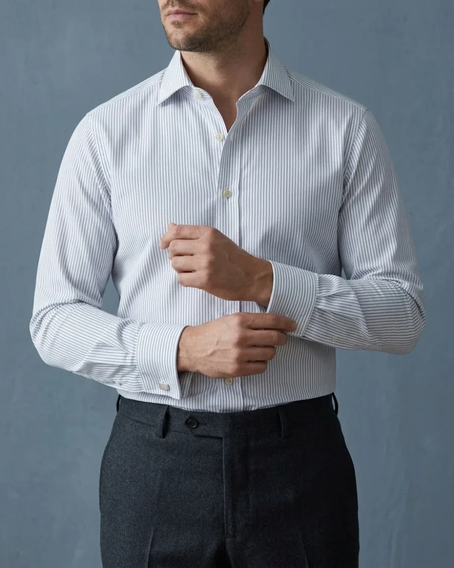 Hairline Stripe Shirt, White with navy, worn