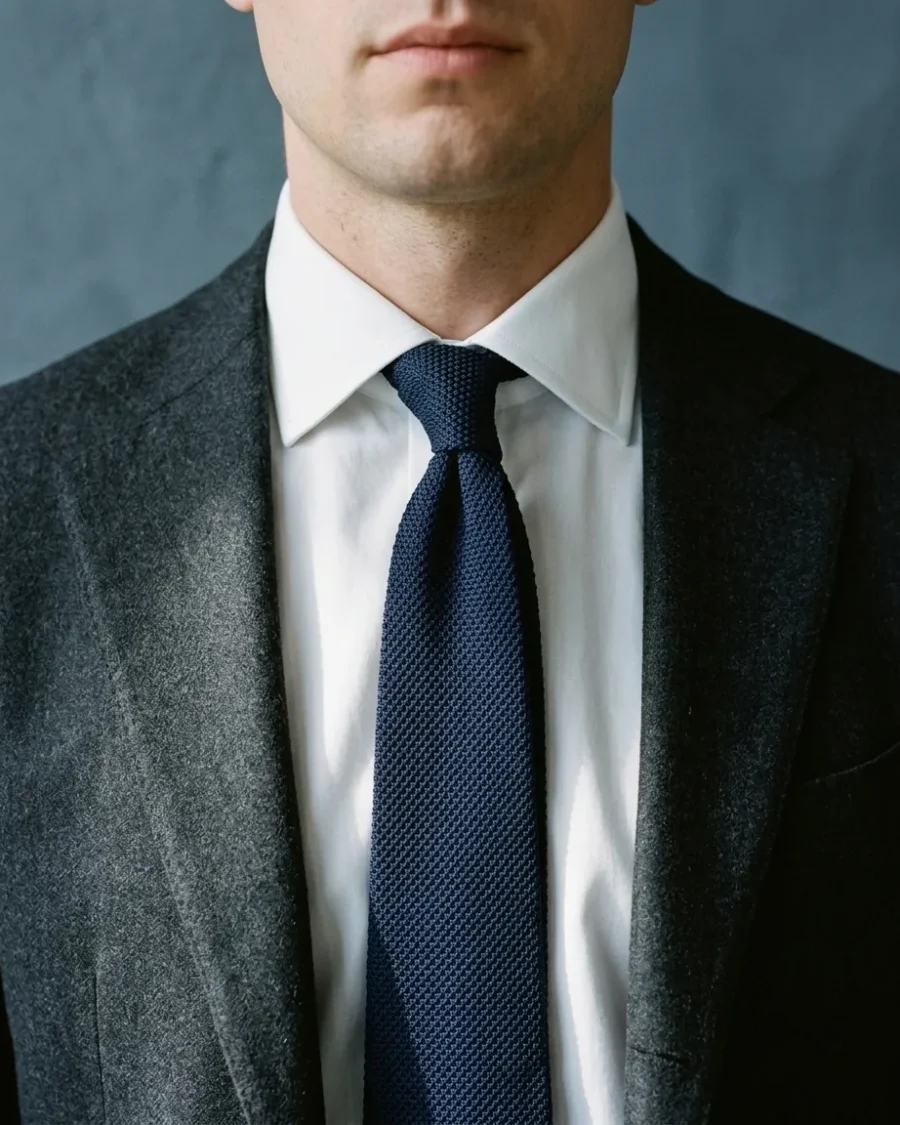 Grenadine Tie, Navy, worn