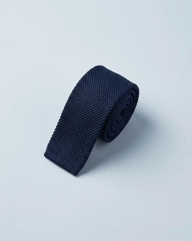 Knitted Silk Tie, Navy, folded