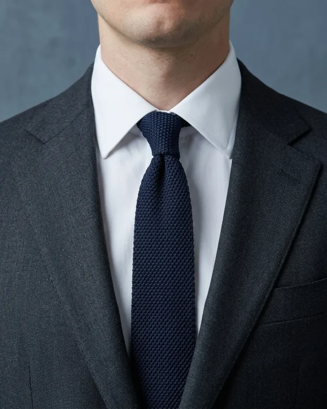 Knitted Silk Tie, Navy, worn