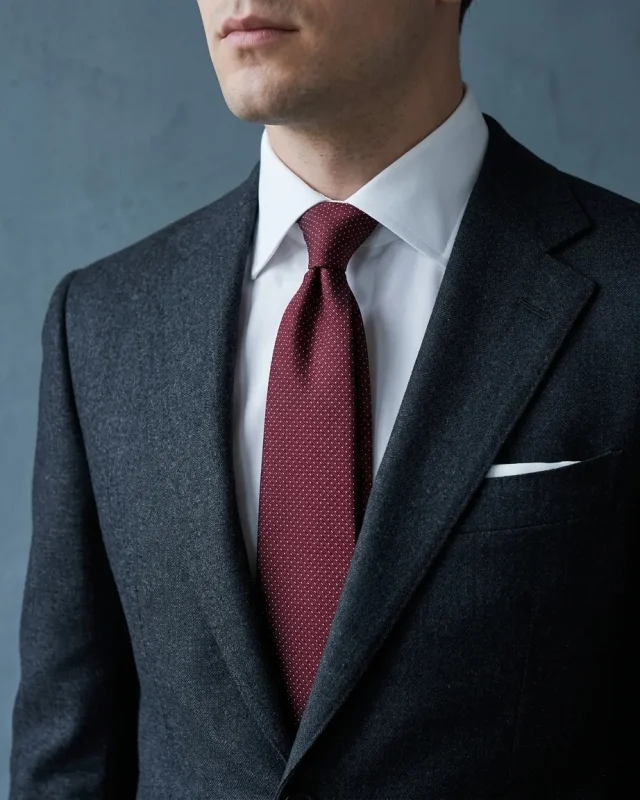 Pin Dot Tie, Burgundy, worn